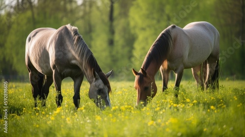 Horses eating green fodder in the farm. Generative AI