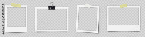 Realistic photo frame. White empty photo frame. Retro photograph with shadow. Photos hanging on adhesive tape and paper clip and binder paper clip - stock vector.