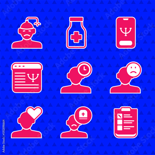 Set Insomnia, Male doctor, Psychological test, Sad and depressed man, bad mood, Broken heart divorce, Online psychological counseling, and Concussion, headache icon. Vector
