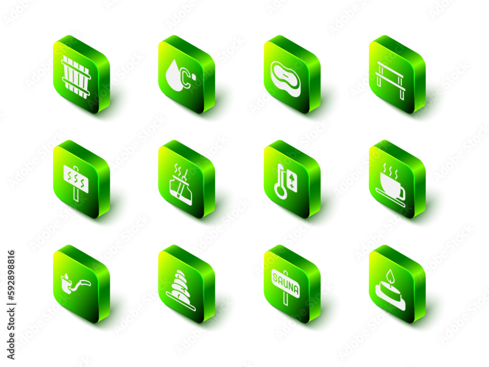 Set Water temperature, Bar of soap, Sauna wood bench, Cup tea, Aroma candle, thermometer, and Stack hot stones icon. Vector Set Water temperature, Bar of soap, Sauna wood bench, Cup tea, Aroma candle, thermometer, and Stack hot stones icon. Vector