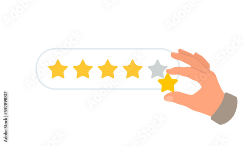 Customer hand give rating 5 stars. Vector illustration of review rating and feedback. Flat design isolated on white background.