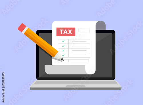 Financial tax report. Tax return calculation. Laptop with tax form and pencil. Vector illustration of online taxes payment.