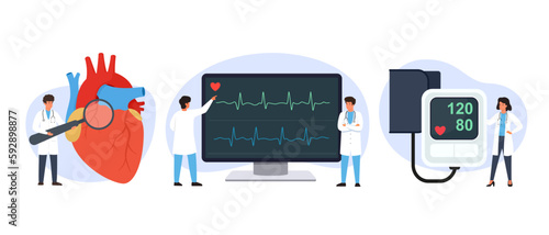 Heart Health Checkup. Cardiology. Testing for Heart Disease with Electrocardiogram. ECG or EKG. Doctor Measures Blood Pressure with Tonometer. Vector Illustration Set.