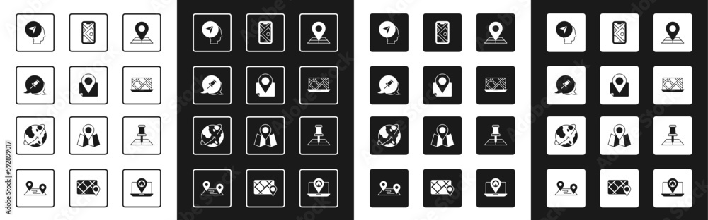 Set Folded map with location marker, Push pin, Map human, City navigation, and Satellites orbiting the Earth icon. Vector Set Folded map with location marker, Push pin, Map human, City navigation, and Satellites orbiting the Earth icon. Vector