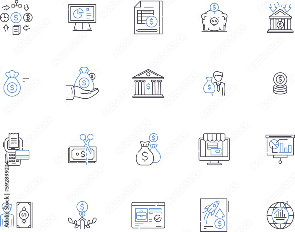 Finance, banking outline icons collection. Banking, Finance, Investment, Loans, Mortgage, Credit, Shares vector and illustration concept set. Equities, Budgeting, Taxation linear signs Finance, banking outline icons collection. Banking, Finance, Investment, Loans, Mortgage, Credit, Shares vector and illustration concept set. Equities, Budgeting, Taxation linear signs