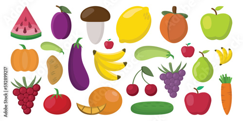 garden vegetables and healthy fruits. healthy home products.healthy food, fruits, berries pumpkin tomato cucumber eggplant squash potato carrot. vector simple flat cartoon graphics.