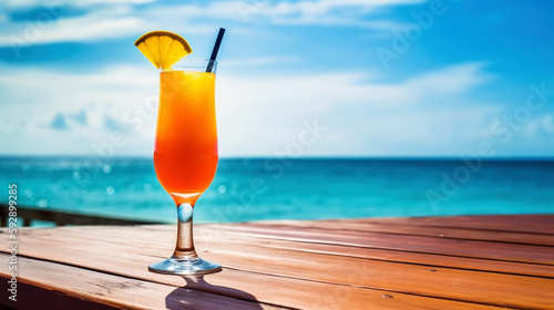 Hurricane cocktail on background with blue sea and sky tropical background. Generative AI