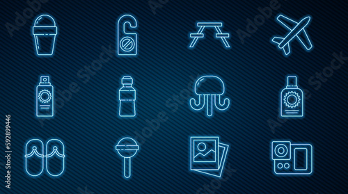 Set line Photo camera, Sunscreen spray bottle, Picnic table with benches, Bottle of water, Ice cream in waffle cone, Jellyfish and Please do not disturb icon. Vector