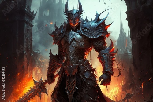 Demon knight in heavy armor, he is an armageddon knight with darkness in his heart, generative ai