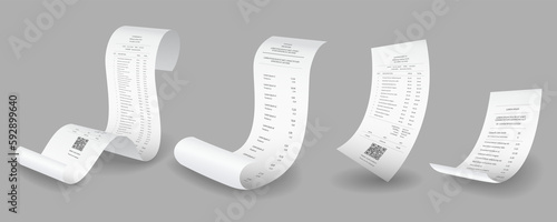 Payment check and receipts with shadows. Set of curved financial paper, purchase invoice. Buying, bill or calculate pay. Receipt the seller forms