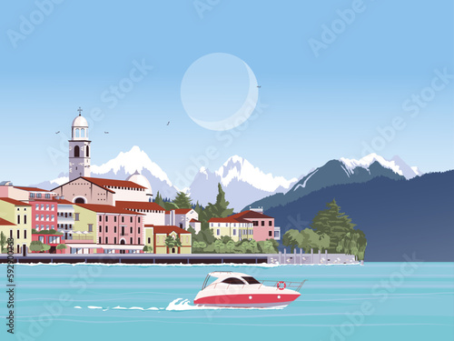 Panoramic view to the center of Salo at the lake Garda in Italy, Lombardia with alpes and blue sky Illustration in minimalist style.