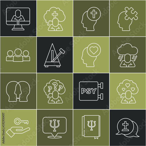 Set line Graves funeral sorrow, Broken heart divorce, Depression, Man graves, Metronome with pendulum, Users group, Psychologist online and icon. Vector