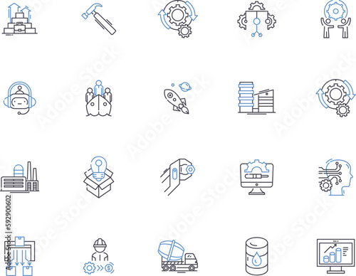 Industry outline icons collection. Manufacture, Business, Factory, Conglomerate, Commerce, Trade, Retail vector and illustration concept set. Service, Process, Production linear signs