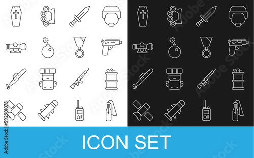 Set line Cocktail molotov, Hand smoke grenade, Pistol or gun, Sword, Bomb ready explode, Sniper optical sight, Coffin with cross and Military reward medal icon. Vector