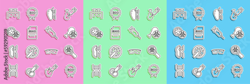 Set line Label for eco healthy food, Biohazard and magnifying glass, Gmo research chicken, Genetically modified apple, GMO, Test tube flask and Syringe icon. Vector
