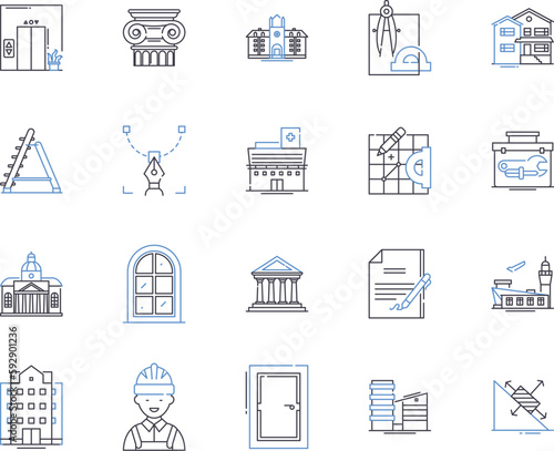 Engineering tools outline icons collection. Tools, Engineering, Instrument, Drill, Wrench, Saw, Screwdriver vector and illustration concept set. Cement, Hammer, Clamp linear signs