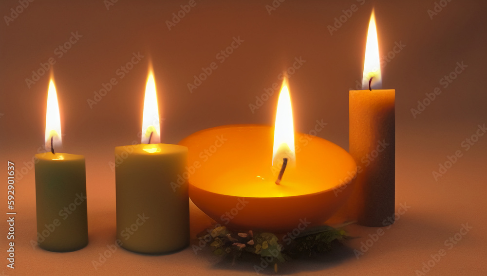 Four candles of different sizes on the table in a romantic setting. Burning romantic candles. International Candlelight Day. Generated AI. Four candles of different sizes on the table in a romantic setting. Burning romantic candles. International Candlelight Day. Generated AI.