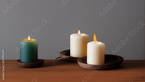 Still life with three candles and other decorative items. Burning romantic candles. International Candlelight Day. Generated AI.
