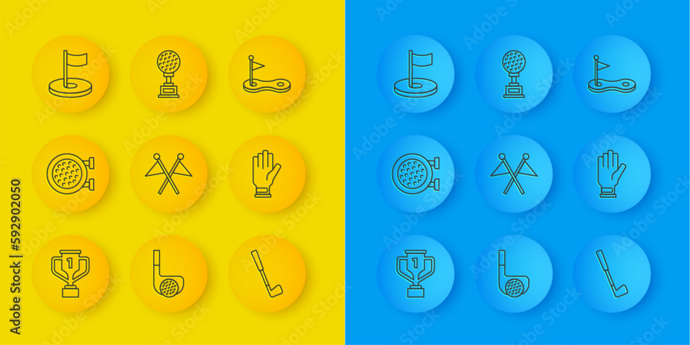 Set line Award cup with golf, Golf sport club, flag, glove, hole, and icon. Vector Set line Award cup with golf, Golf sport club, flag, glove, hole, and icon. Vector