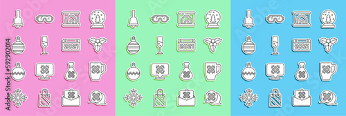 Set line Snowflake speech bubble, Coffee cup with snowflake, Branch viburnum, Interior fireplace, Glass champagne, Christmas ball, Merry ringing bell and Calendar icon. Vector