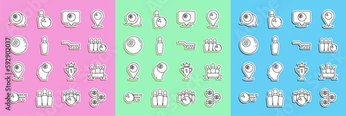 Set line Billiard ball, Bowling pin, and, Location with billiard, and Pool table brush icon. Vector