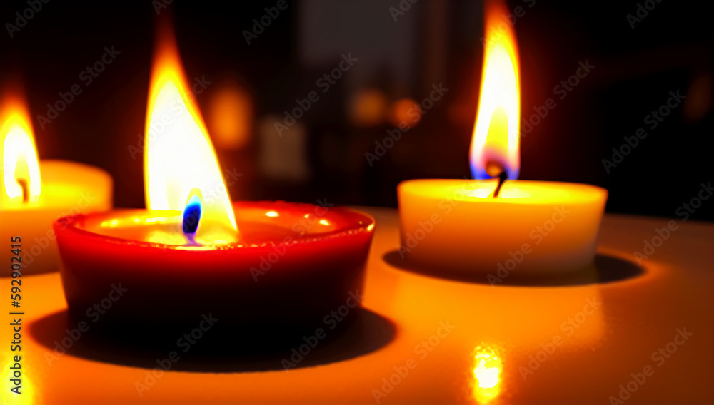 Three tea candles on the table in a romantic setting. Burning romantic candles. International Candlelight Day. Generated AI. Three tea candles on the table in a romantic setting. Burning romantic candles. International Candlelight Day. Generated AI.