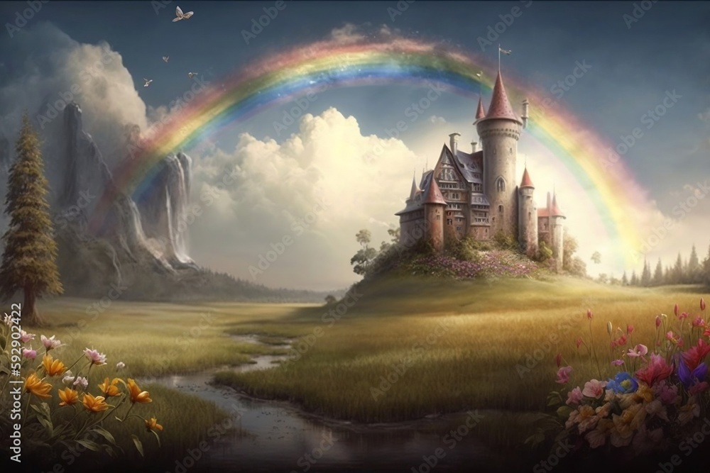 In the background, a rainbow arches over a magnificent castle, surrounded by a lovely flower meadow and a charming old-fashioned palace, creating a magical kingdom fit for a princess. AI