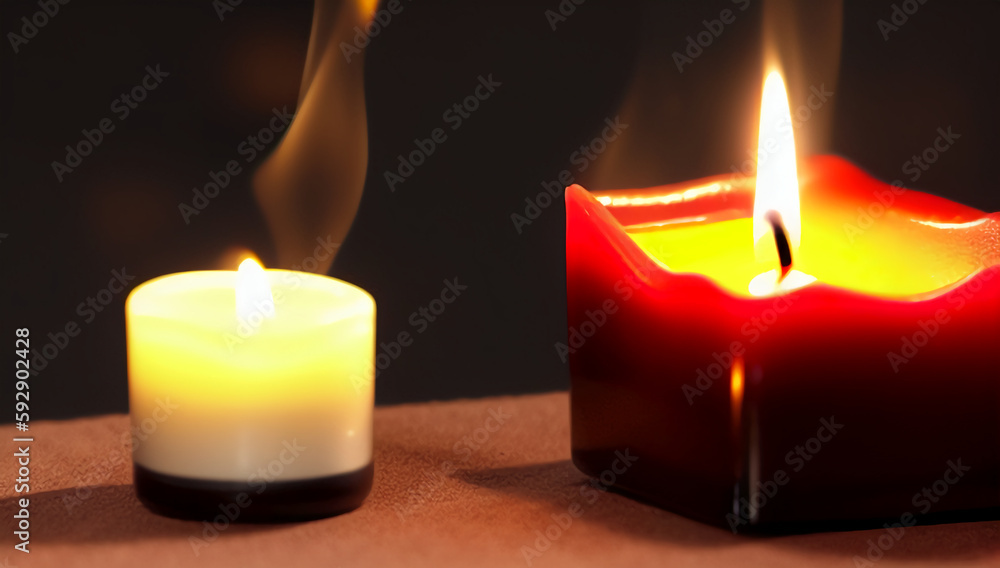 Two beautiful candles of different shapes on the table in a romantic setting. Burning romantic candles. International Candlelight Day. Generated AI. Two beautiful candles of different shapes on the table in a romantic setting. Burning romantic candles. International Candlelight Day. Generated AI.