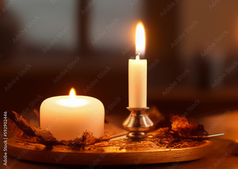 Two beautiful romantic candles of different shapes and sizes on a wooden table. Burning romantic candles and other decorative items. International Candlelight Day. Generated AI. Two beautiful romantic candles of different shapes and sizes on a wooden table. Burning romantic candles and other decorative items. International Candlelight Day. Generated AI.
