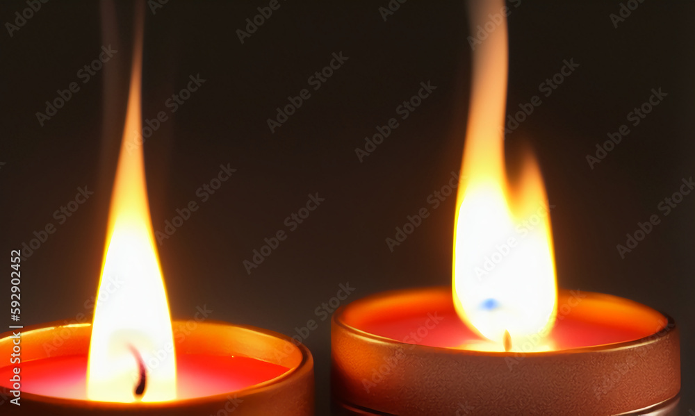 Two beautiful tea candles on the table in a romantic setting. Burning romantic candles. International Candlelight Day. Generated AI. Two beautiful tea candles on the table in a romantic setting. Burning romantic candles. International Candlelight Day. Generated AI.