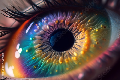 A macro close-up of an eye with rainbow-colored, glass-like eyelashes. AI