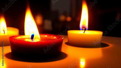 Three tea candles on the table in a romantic setting. Burning romantic candles. International Candlelight Day. Generated AI.