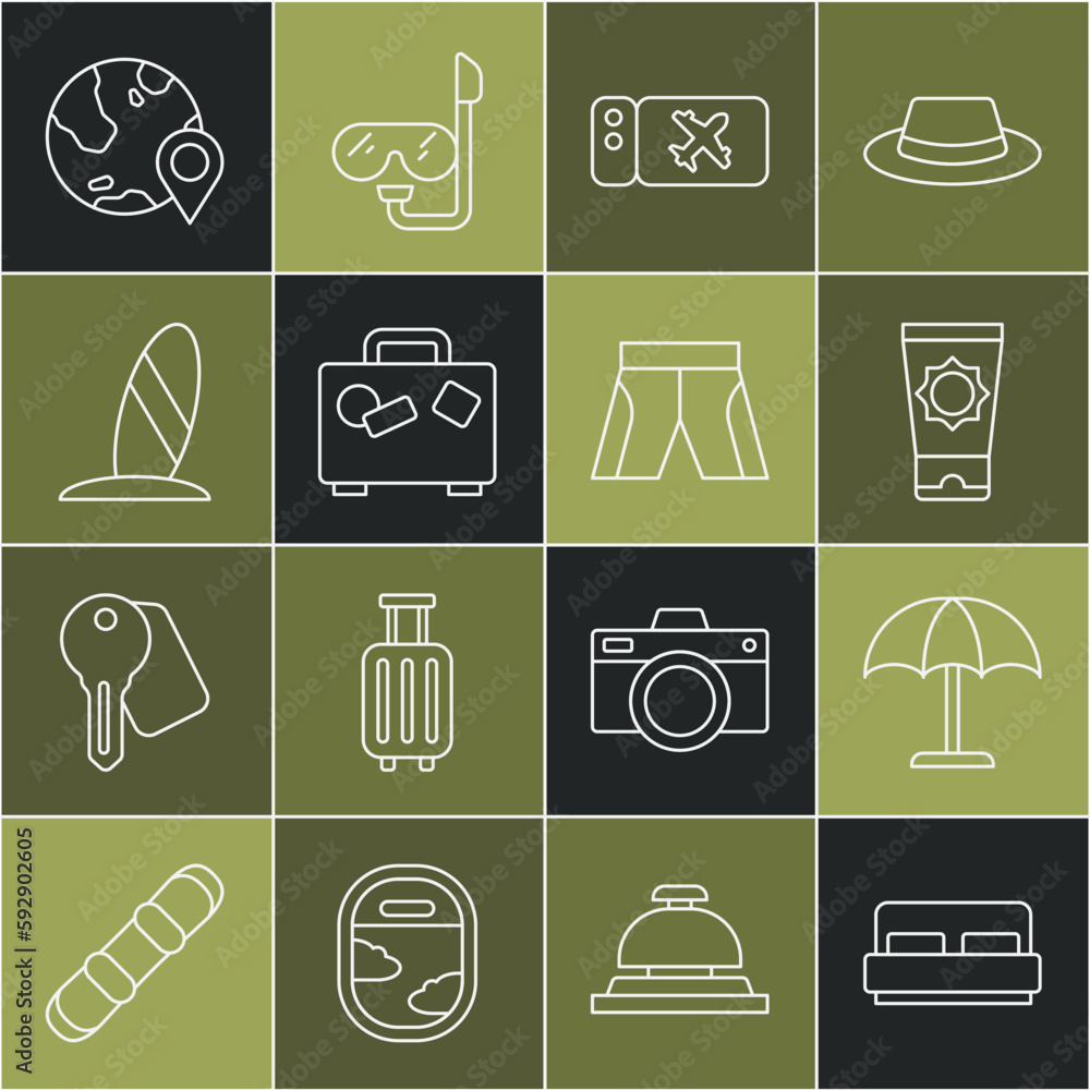 Set line Hotel room bed, Sun protective umbrella, Sunscreen cream in tube, Airline ticket, Suitcase, Surfboard, Location on the globe and Short or pants icon. Vector Set line Hotel room bed, Sun protective umbrella, Sunscreen cream in tube, Airline ticket, Suitcase, Surfboard, Location on the globe and Short or pants icon. Vector