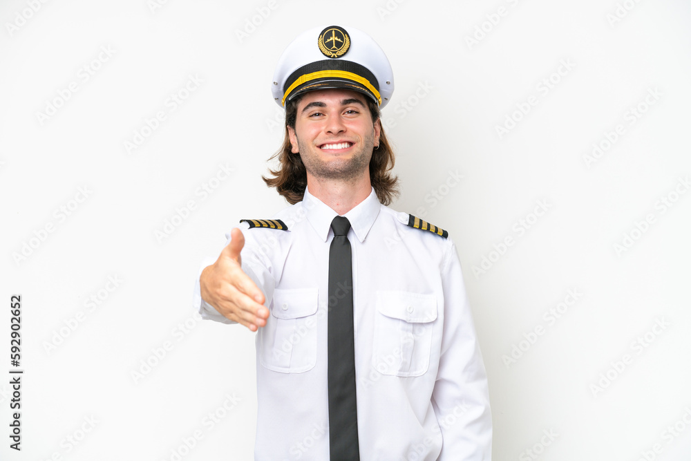 handsome Airplane pilot isolated on white background shaking hands for closing a good deal handsome Airplane pilot isolated on white background shaking hands for closing a good deal