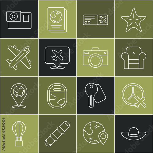 Set line Elegant women hat, Clock with airplane, Armchair, Airline ticket, Speech bubble, Plane, Action camera and Photo icon. Vector