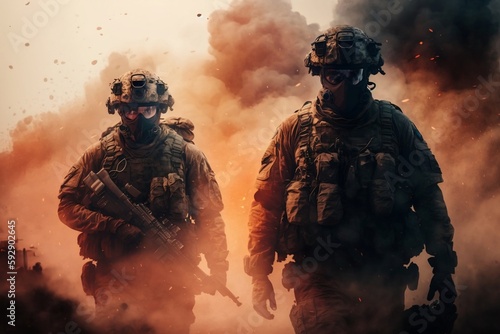 Special Forces Soldiers Navigate Warzone Destruction Amidst Fire and Smoke. AI