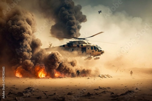 Military helicopter crossing through desert fire and smoke. AI