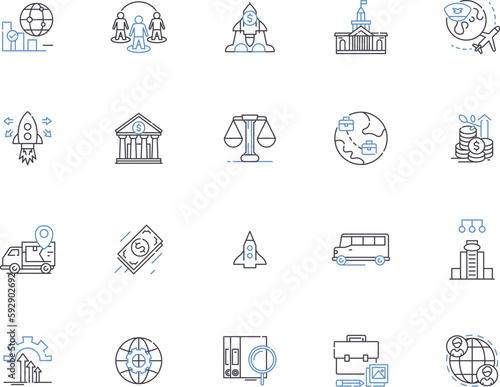 Government outline icons collection. Authority, Legislation, Bureaucracy, Democracy, Regulation, Rule, Security vector and illustration concept set. Economics, Politics, Law linear signs