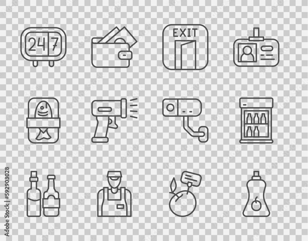 Set line Whiskey bottle, Sauce, Fire exit, Seller, Clock 24 hours, Scanner scanning bar code, Supermarket food products with price label and Commercial refrigerator icon. Vector Set line Whiskey bottle, Sauce, Fire exit, Seller, Clock 24 hours, Scanner scanning bar code, Supermarket food products with price label and Commercial refrigerator icon. Vector