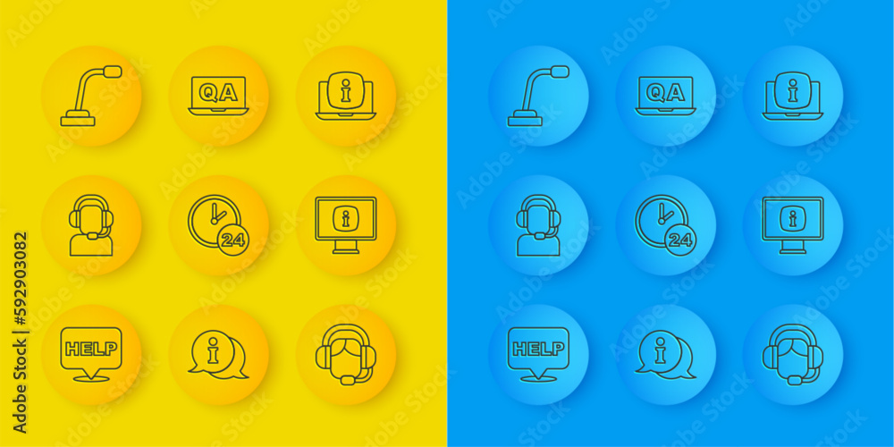 Set line Speech bubble with text Help, Man a headset, Clock 24 hours, Woman, Monitor information, Microphone, Laptop and Question and Answer icon. Vector Set line Speech bubble with text Help, Man a headset, Clock 24 hours, Woman, Monitor information, Microphone, Laptop and Question and Answer icon. Vector