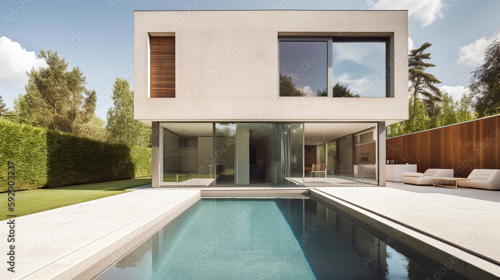 Modern house with swimming pool, exterior view. Generative ai and digital editing. Modern house with swimming pool, exterior view. Generative ai and digital editing.
