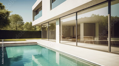 Modern house with swimming pool, exterior view. Generative ai and digital editing. © angelo sarnacchiaro