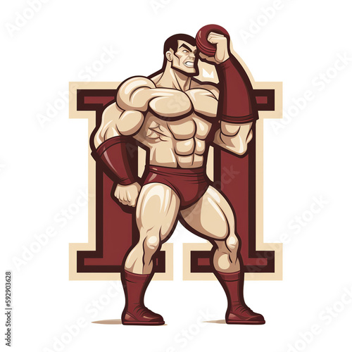 muscle, gym, alphabet, A, B, C, D, F, G, H, J, K, L, M, N, P, Q, R, S, T, V, X, Z, comic, 3d, hulk,  character, retro, football, worker, hero, player, strong, people, muscular, generative ai photo