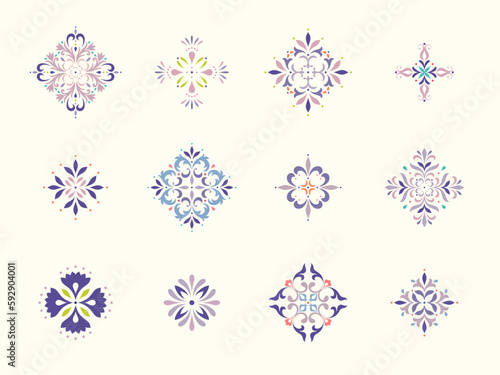 Damask elements. Oriental floral ornament. Imperial rococo, baroque and royal victorian decor. For seamless patterns, wrapping paper, greeting and business cards, wedding invitations, textile.