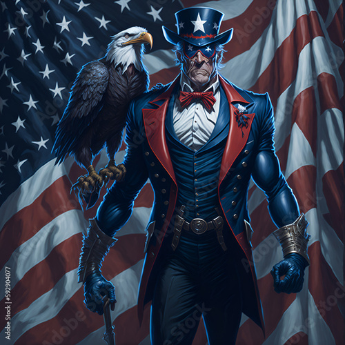 America USAIndependence day man with eagle and American Flag. Generative AI. photo