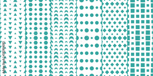 Set of six simple turquoise patterns. Set of triangles, circles, rhombuses, squares, hexagons. Vector print for surface application. Seamless set of repeating patterns.