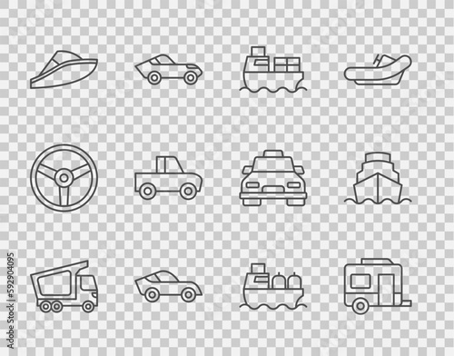 Set line Delivery cargo truck, Rv Camping trailer, Cargo ship with boxes delivery, Speedboat, Pickup, Oil tanker and Cruise icon. Vector