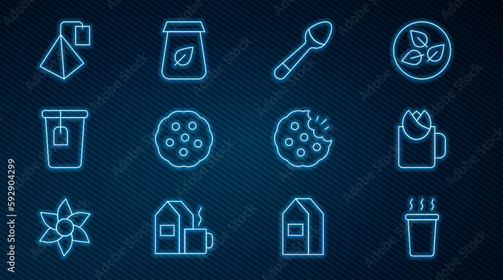 Set line Cup of tea, with rose, Teaspoon, Cookie or biscuit, bag, and packaging icon. Vector Set line Cup of tea, with rose, Teaspoon, Cookie or biscuit, bag, and packaging icon. Vector