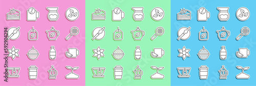 Set line Tea leaf, Cup of tea with lemon, strainer handle, Teapot, bag, Cigarette, Piece cake and icon. Vector