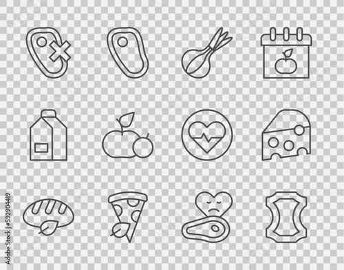 Set line Vegan bread loaf, Leather, Onion, pizza slice, No meat, Apple, Steak and Cheese icon. Vector